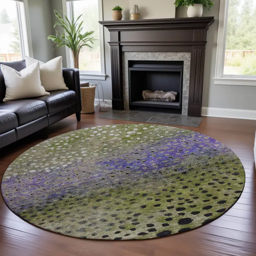 8' Green Purple And Ivory Polka Dot Washable Round Rug With UV Protection Photo 4