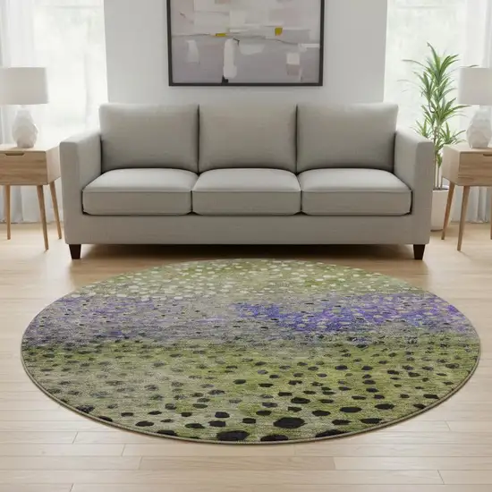 8' Green Purple And Ivory Polka Dot Washable Round Rug With UV Protection Photo 2