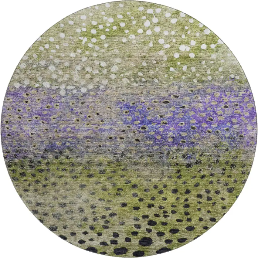 8' Green Purple And Ivory Polka Dot Washable Round Rug With UV Protection Photo 1