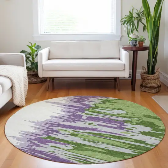 8' Green Purple And Ivory Round Abstract Washable Indoor Outdoor Area Rug Photo 7
