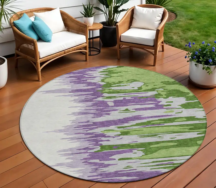 8' Green Purple And Ivory Round Abstract Washable Indoor Outdoor Area Rug Photo 1