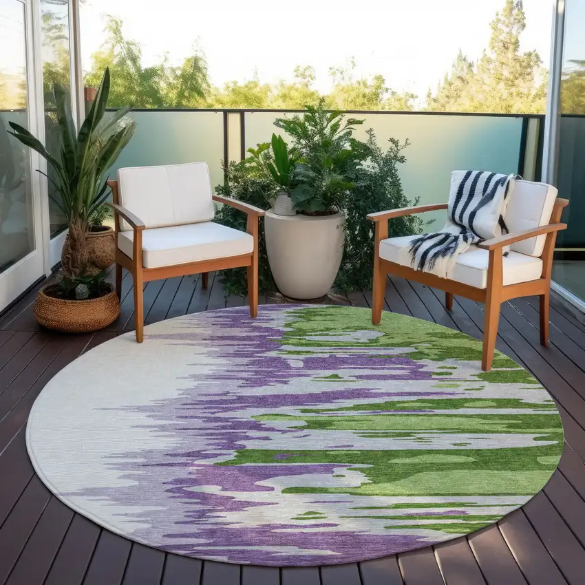 8' Green Purple And Ivory Round Abstract Washable Indoor Outdoor Area Rug Photo 6