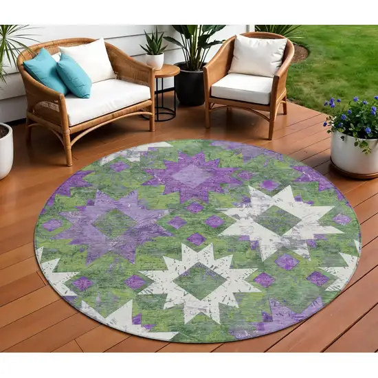 8' Green Purple And Ivory Round Aztec Washable Indoor Outdoor Area Rug Photo 2