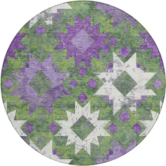 8' Green Purple And Ivory Round Aztec Washable Indoor Outdoor Area Rug Photo 1