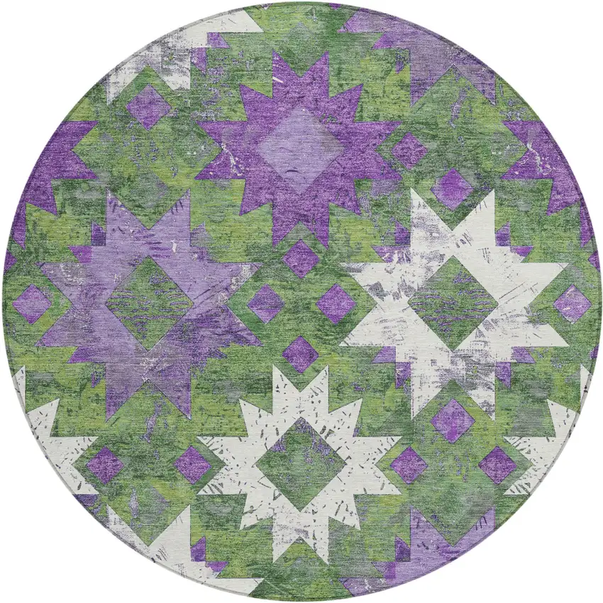 8' Green Purple And Ivory Round Aztec Washable Indoor Outdoor Area Rug Photo 1