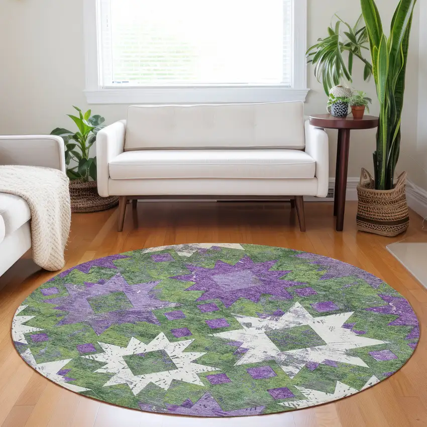 8' Green Purple And Ivory Round Aztec Washable Indoor Outdoor Area Rug Photo 6