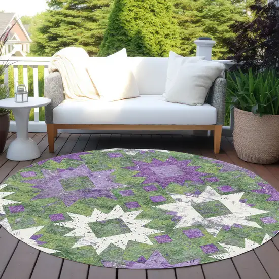 8' Green Purple And Ivory Round Aztec Washable Indoor Outdoor Area Rug Photo 5