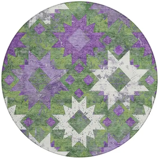 8' Green Purple And Ivory Round Aztec Washable Indoor Outdoor Area Rug Photo 4