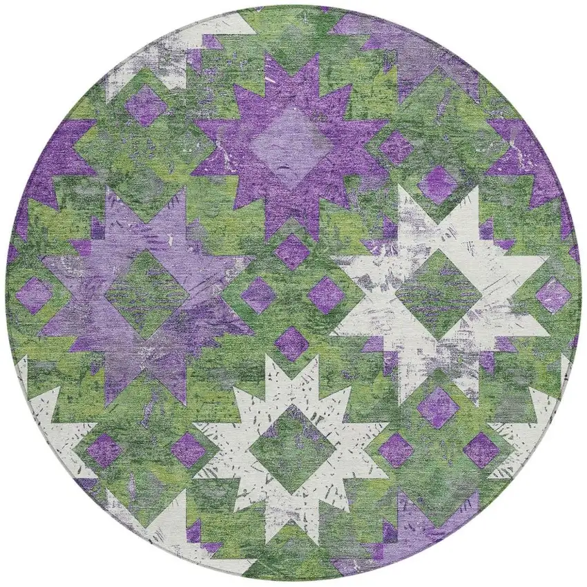 8' Green Purple And Ivory Round Aztec Washable Indoor Outdoor Area Rug Photo 4