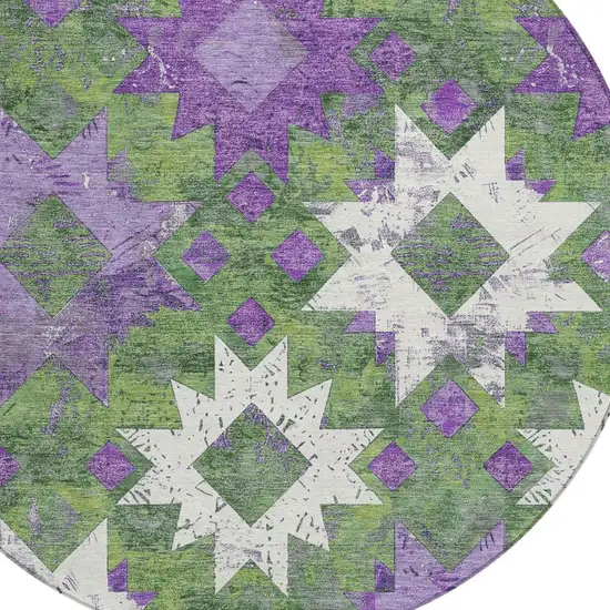 8' Green Purple And Ivory Round Aztec Washable Indoor Outdoor Area Rug Photo 7