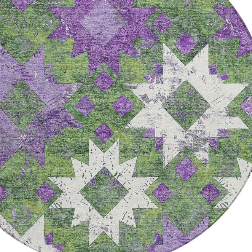 8' Green Purple And Ivory Round Aztec Washable Indoor Outdoor Area Rug Photo 7