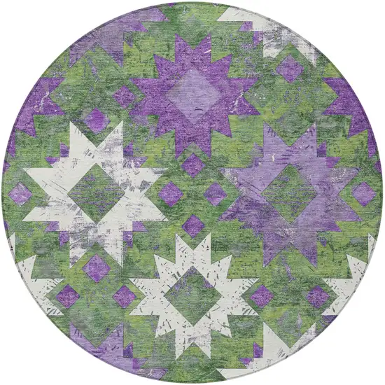 8' Green Purple And Ivory Round Aztec Washable Indoor Outdoor Area Rug Photo 3