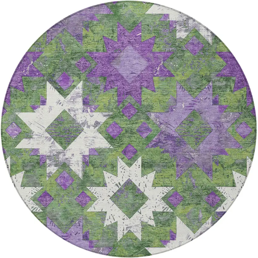 8' Green Purple And Ivory Round Aztec Washable Indoor Outdoor Area Rug Photo 3
