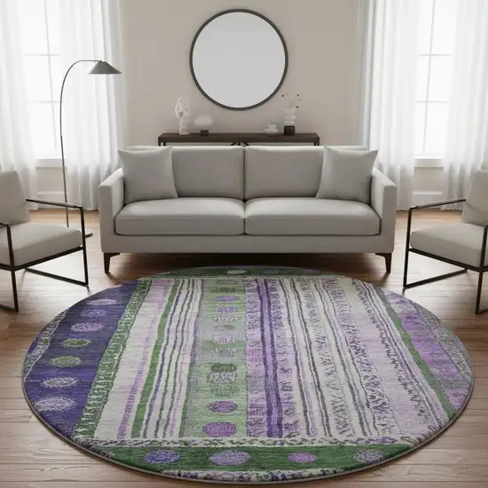 8' Green Purple And Ivory Striped Washable Round Rug With UV Protection Photo 2