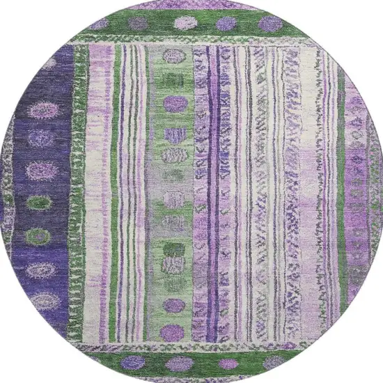 8' Green Purple And Ivory Striped Washable Round Rug With UV Protection Photo 4