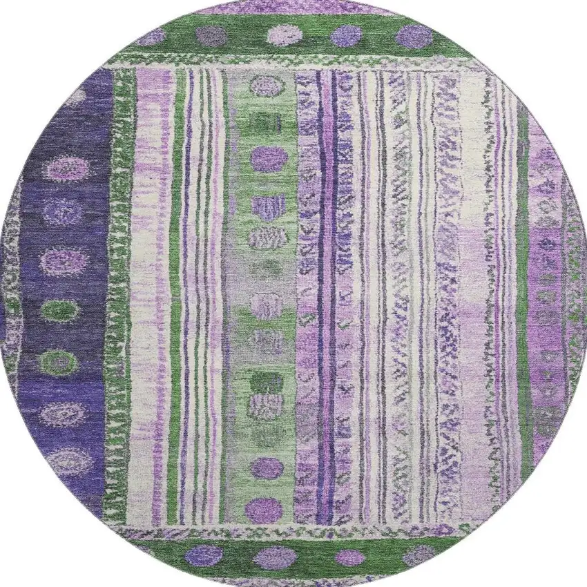 8' Green Purple And Ivory Striped Washable Round Rug With UV Protection Photo 4