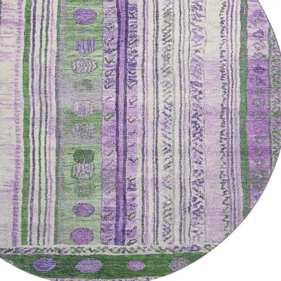 8' Green Purple And Ivory Striped Washable Round Rug With UV Protection Photo 3