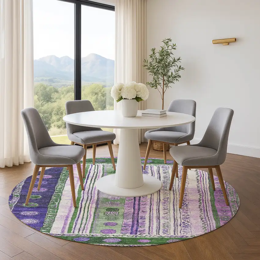 8' Green Purple And Ivory Striped Washable Round Rug With UV Protection Photo 5