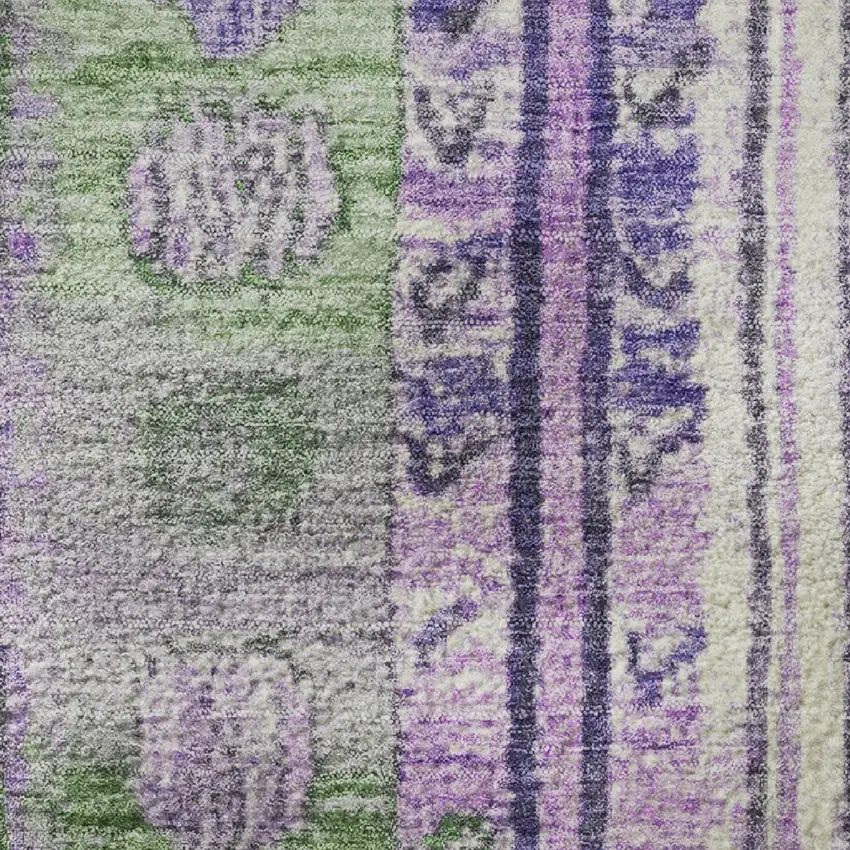 8' Green Purple And Ivory Striped Washable Round Rug With UV Protection Photo 9