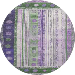 Photo of 8' Green Purple And Ivory Striped Washable Round Rug With UV Protection