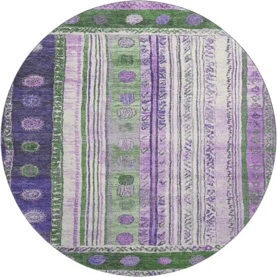 8' Green Purple And Ivory Striped Washable Round Rug With UV Protection Photo 1
