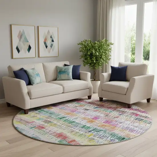 8' Green Purple And Orange Striped Washable Round Rug With UV Protection Photo 1