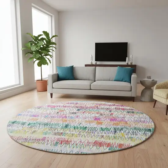 8' Green Purple And Orange Striped Washable Round Rug With UV Protection Photo 2