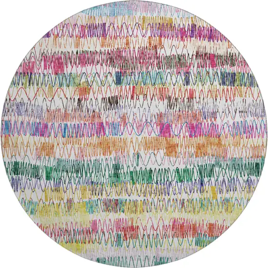 8' Green Purple And Orange Striped Washable Round Rug With UV Protection Photo 1