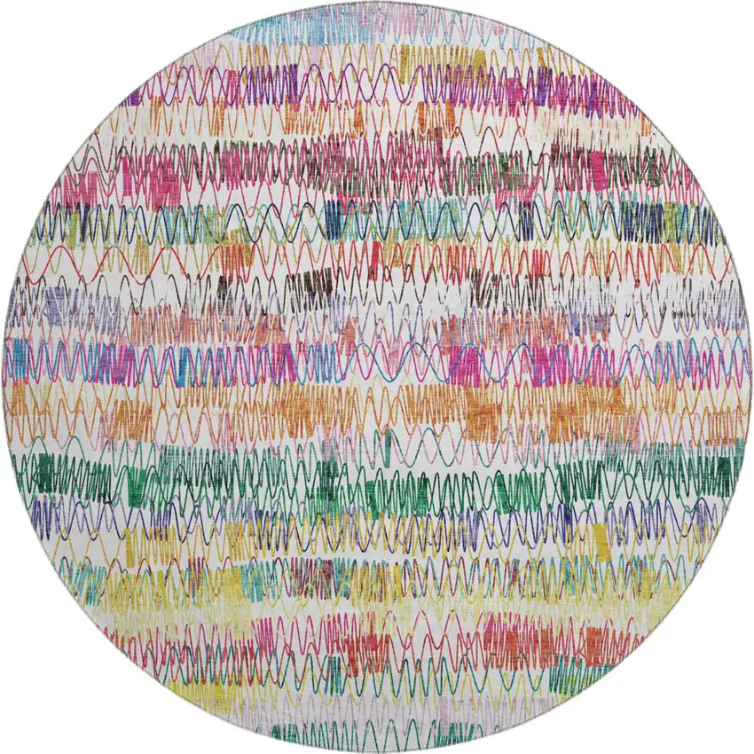 8' Green Purple And Orange Striped Washable Round Rug With UV Protection Photo 1