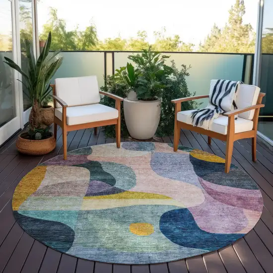 8' Green Purple And Pink Round Abstract Washable Indoor Outdoor Area Rug Photo 8