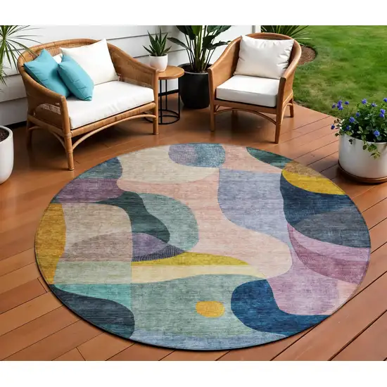 8' Green Purple And Pink Round Abstract Washable Indoor Outdoor Area Rug Photo 1