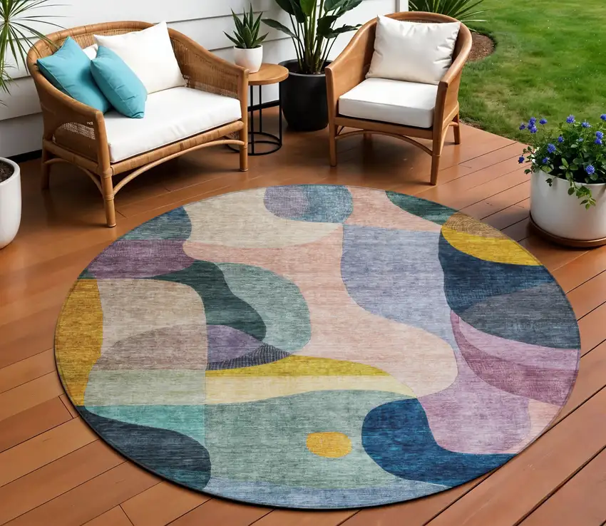 8' Green Purple And Pink Round Abstract Washable Indoor Outdoor Area Rug Photo 1