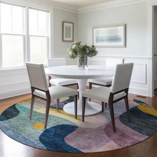 8' Green Purple And Pink Round Abstract Washable Indoor Outdoor Area Rug Photo 9