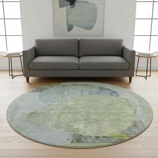 8' Green Purple And Silver Abstract Washable Round Rug With UV Protection Photo 2