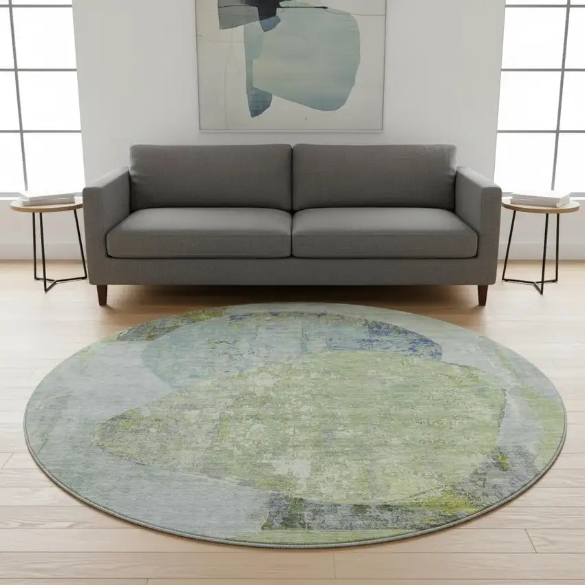 8' Green Purple And Silver Abstract Washable Round Rug With UV Protection Photo 2
