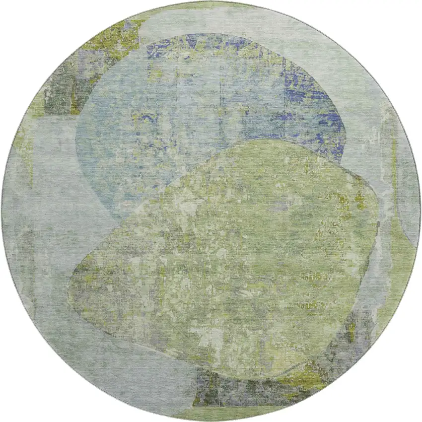 8' Green Purple And Silver Abstract Washable Round Rug With UV Protection Photo 1