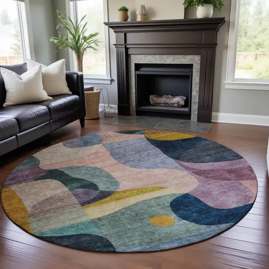 8' Green Purple Gold And Teal Abstract Geometric Washable Round Rug With UV Protection Photo 3