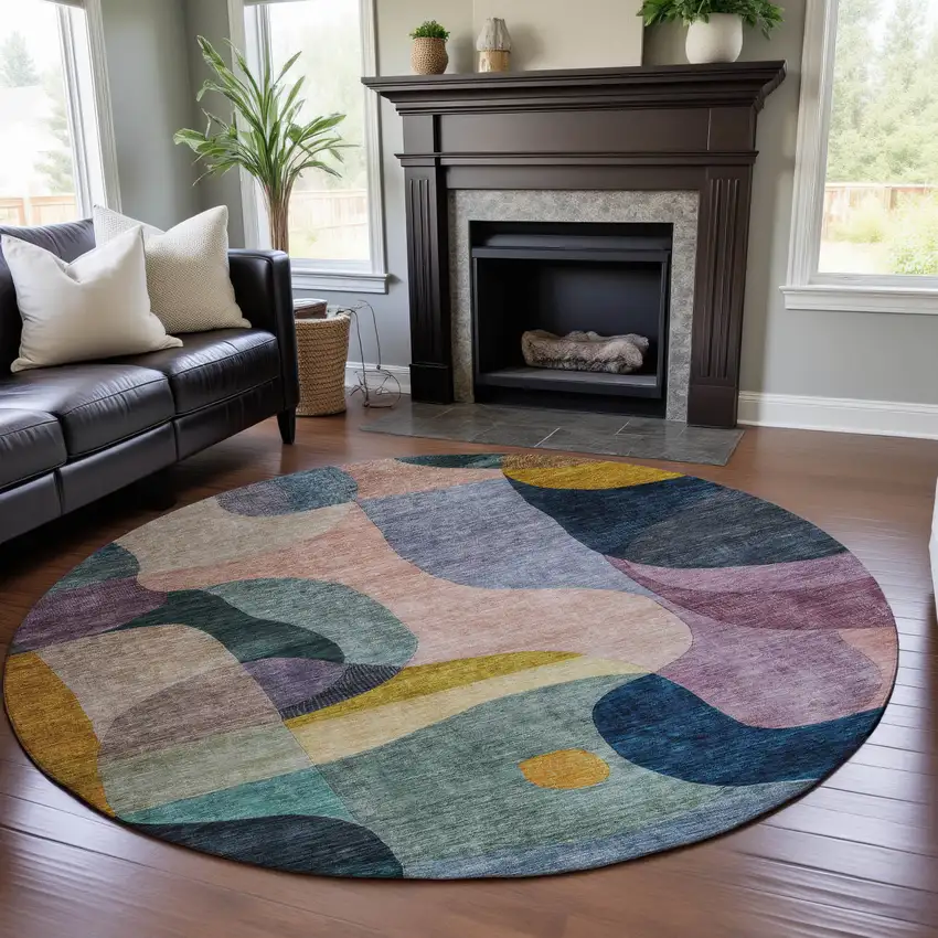 8' Green Purple Gold And Teal Abstract Geometric Washable Round Rug With UV Protection Photo 3