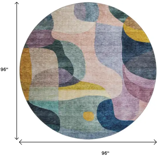 8' Green Purple Gold And Teal Abstract Geometric Washable Round Rug With UV Protection Photo 8