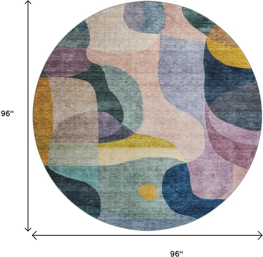 8' Green Purple Gold And Teal Abstract Geometric Washable Round Rug With UV Protection Photo 8
