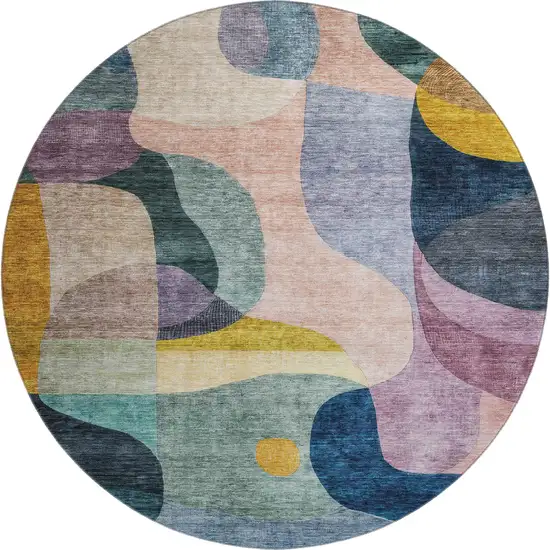8' Green Purple Gold And Teal Abstract Geometric Washable Round Rug With UV Protection Photo 1