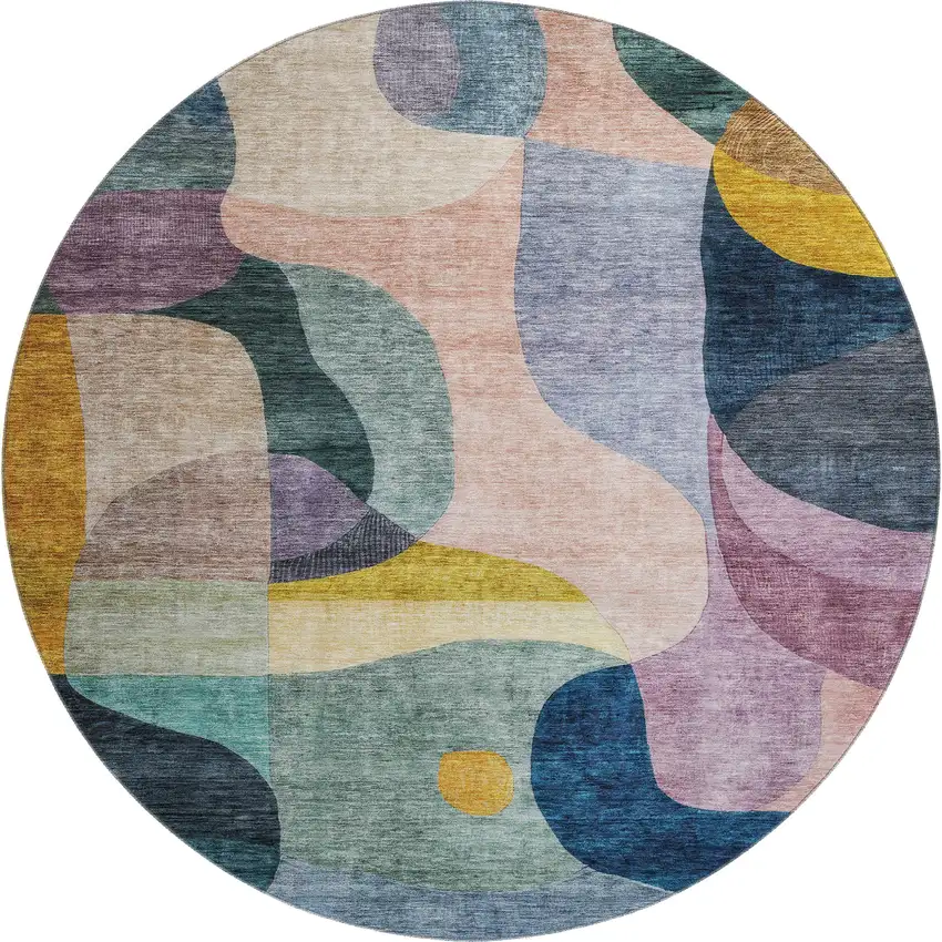 8' Green Purple Gold And Teal Abstract Geometric Washable Round Rug With UV Protection Photo 1