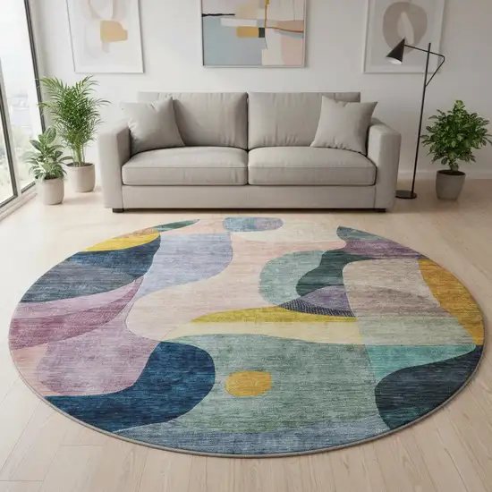 8' Green Purple Gold And Teal Abstract Geometric Washable Round Rug With UV Protection Photo 2