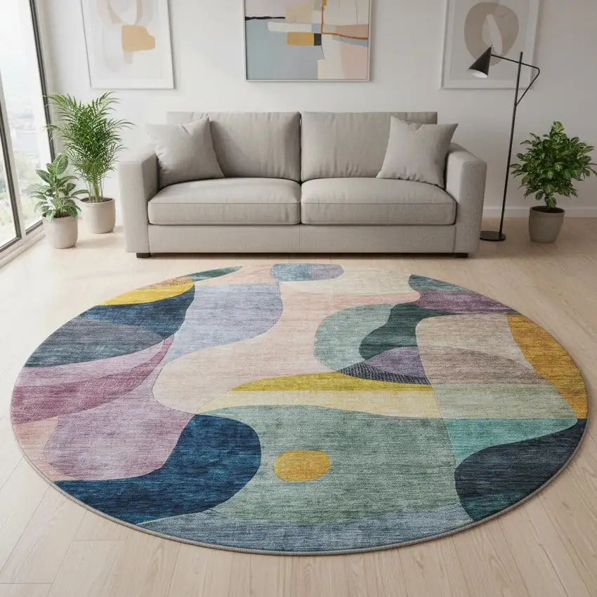 8' Green Purple Gold And Teal Abstract Geometric Washable Round Rug With UV Protection Photo 2