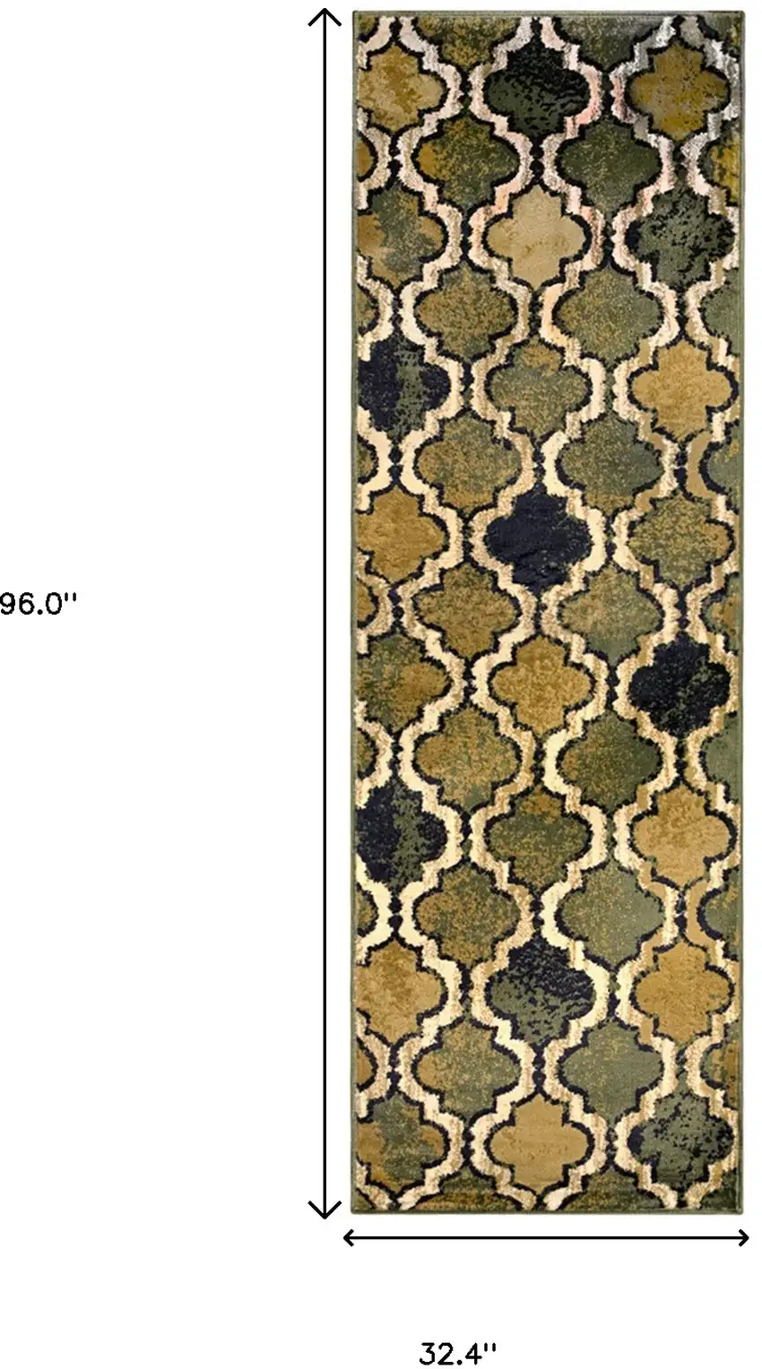 8' Green Quatrefoil Power Loom Distressed Stain Resistant Runner Rug Photo 6