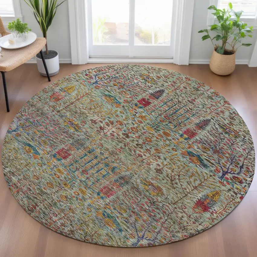 8' Green Red And Navy Blue Round Floral Washable Indoor Outdoor Area Rug Photo 6