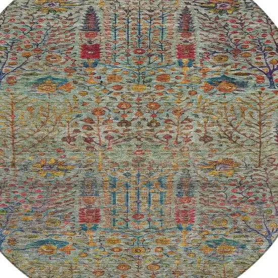 8' Green Red And Navy Blue Round Floral Washable Indoor Outdoor Area Rug Photo 4