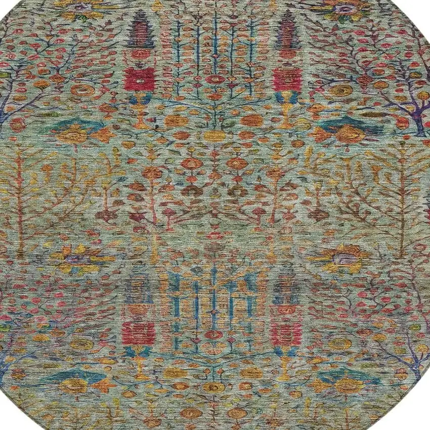 8' Green Red And Navy Blue Round Floral Washable Indoor Outdoor Area Rug Photo 4