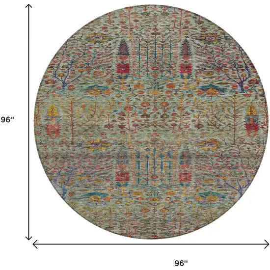 8' Green Red And Navy Blue Round Floral Washable Indoor Outdoor Area Rug Photo 9