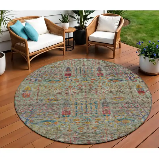 8' Green Red And Navy Blue Round Floral Washable Indoor Outdoor Area Rug Photo 2